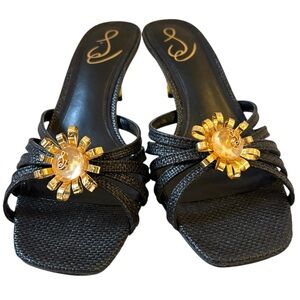 Sam Edelman Posey Kitten Heel Sandals Black Gold Metallic 8M Whimsical Elegance
